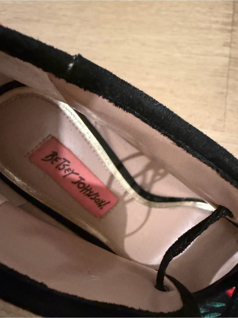 Betsey Johnson Black Suede Floral Embroidered Lace-Up Heels - Picture 2 of 2